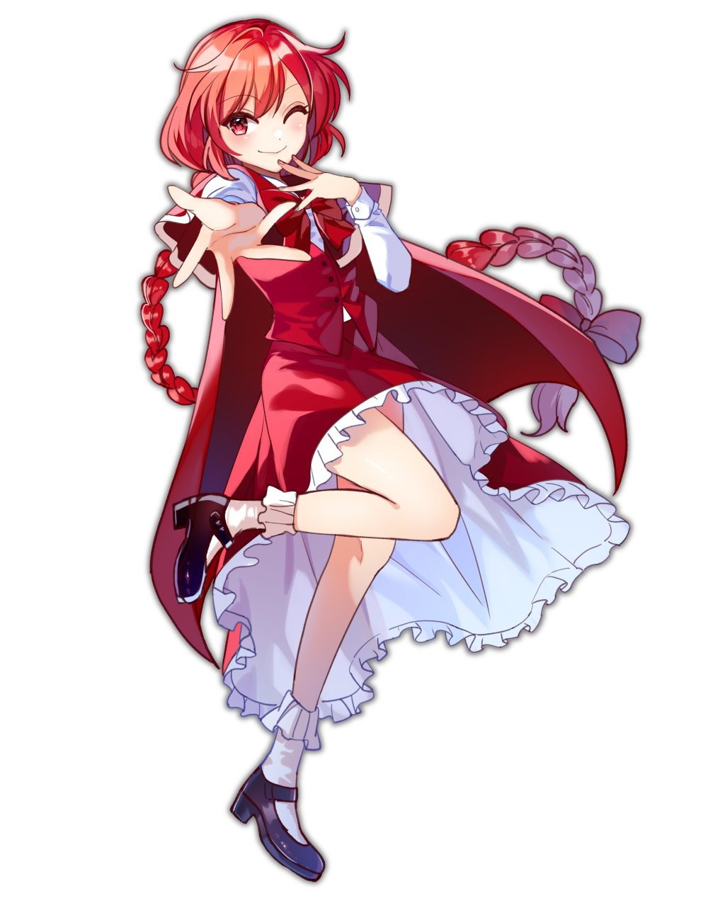 1girl, bow, bowtie, braid, cape, dress, frilled_dress, frills