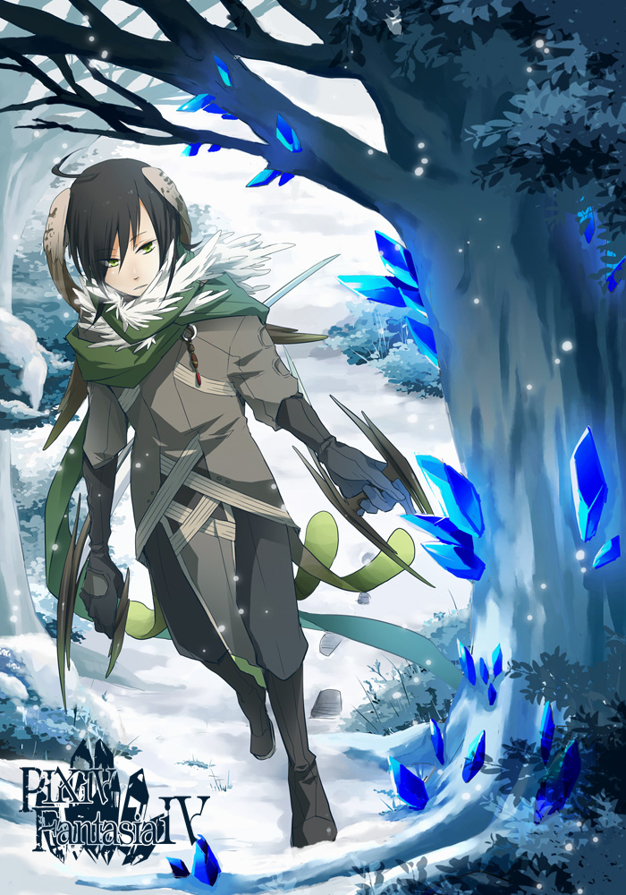 black_hair, crystal, dutch_angle, elbow_gloves, gloves, green_eyes, head_wings, leaf, male, nature, original, pixiv_fantasia, pixiv_fantasia_4, rukira, scarf, short_hair, snow, solo, tree