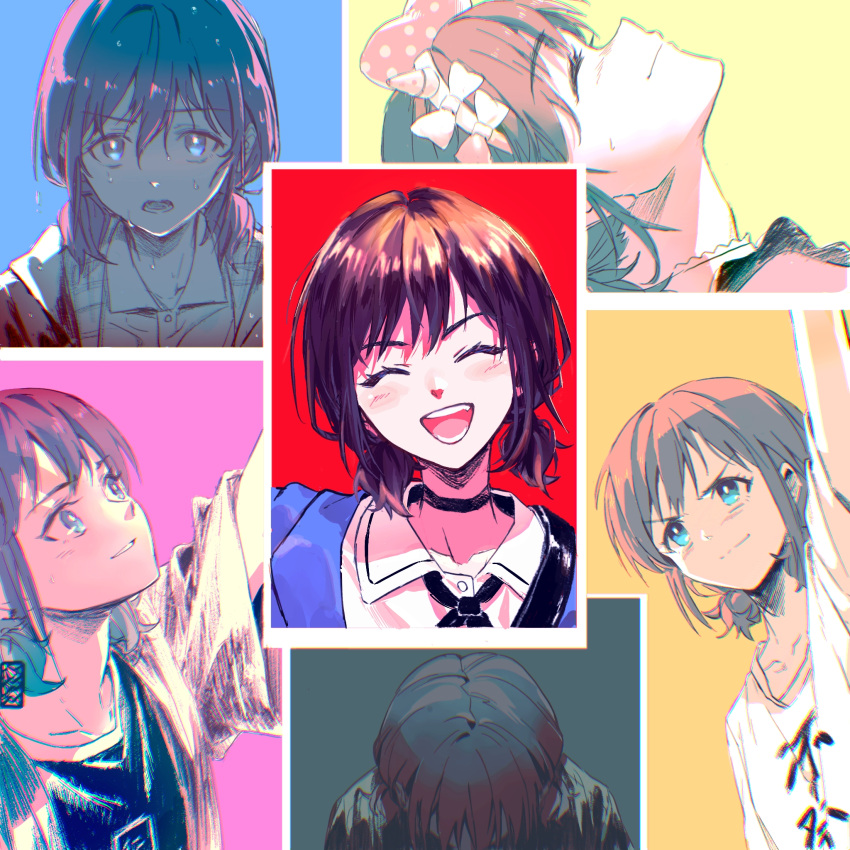 1girl, ^_^, arm_up, black_choker, black_shirt, blue_eyes, blush, bow, choker, closed_eyes, closed_mouth, clothes_writing, collarbone, collared_shirt, commentary_request, dress_shirt, earrings, girls_band_cry, hair_between_eyes, hair_bow, hairband, highres, iseri_nina, jacket, jewelry, koe_naki_sakana, kuuhaku_to_catharsis, low_twintails, multiple_views, open_clothes, open_jacket, open_mouth, parted_lips, shikai_no_sumi_kuchiru_oto, shirt, short_hair, short_twintails, sworgun, teeth, twintails, wet, wet_hair, white_shirt