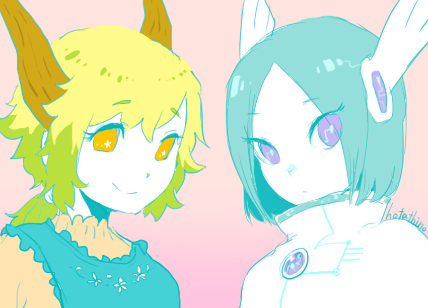 2girls, blonde_hair, blue_hair, commentary_request, cyborg, green_hair, high_collar, hotathino, long_hair, looking_at_viewer, low_ponytail, multicolored_hair, multiple_girls, original, pink_background, plant_horns, short_hair, simple_background, smile, upper_body, violet_eyes, yellow_eyes