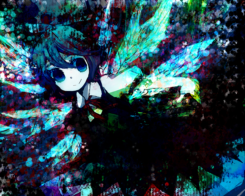 bad_id, blue_eyes, blue_hair, bow, cirno, dress, faux_traditional_media, hair_bow