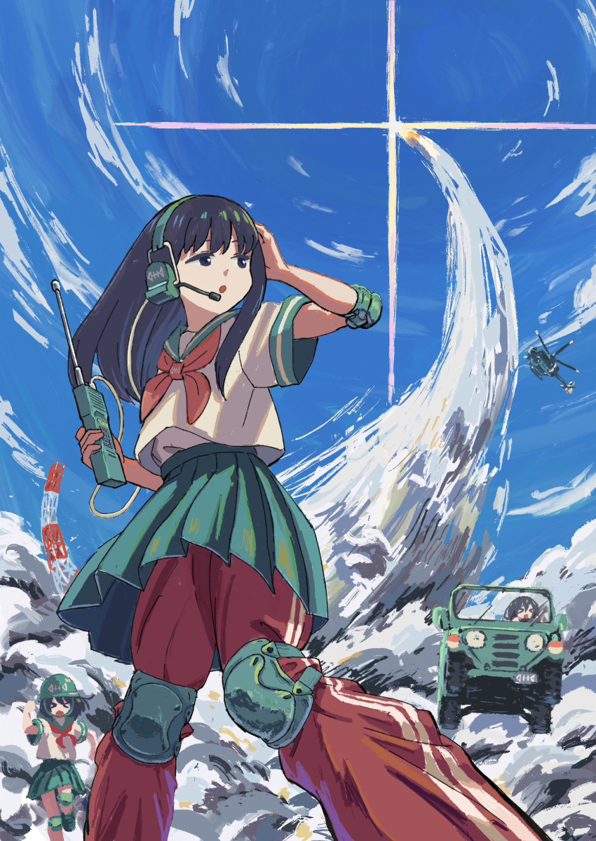 >_<, 3girls, :d, aircraft, black_eyes, black_hair, blue_sky, bow