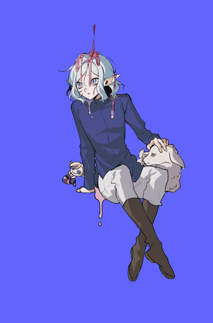 1boy, absurdres, ambiguous_pink_liquid, boots, braided_ponytail_lamia_(dungeon_meshi), button_eyes, buttons, character_doll