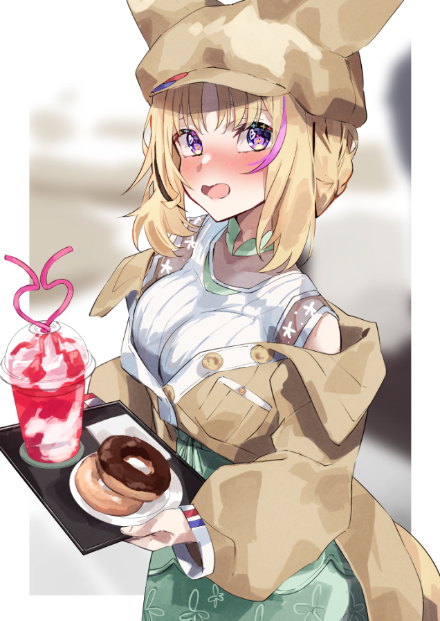 1girl, black_hair, blonde_hair, blush, breasts, crazy_straw, cup, disposable_cup