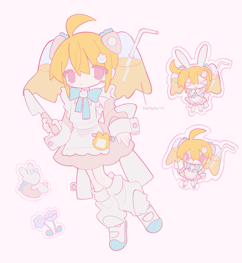 >_<, 1girl, absurdres, ahoge, apron, bad_id, bad_twitter_id, blonde_hair, blue_flower, blue_ribbon, carrot_hair_ornament, carrot_juice, chibi, closed_eyes, dress, drinking_straw, flower, food-themed_hair_ornament, fpwrs, full_body, hair_ornament, highres, holding, holding_knife, juice, knife, liquid_hair, long_hair, looking_at_viewer, loose_socks, multiple_views, name_tag, neck_ribbon, orange_hair, original, pink_dress, pink_eyes, rabbit, ribbon, shoes, socks, standing, translation_request, twintails, white_apron, white_footwear, white_socks