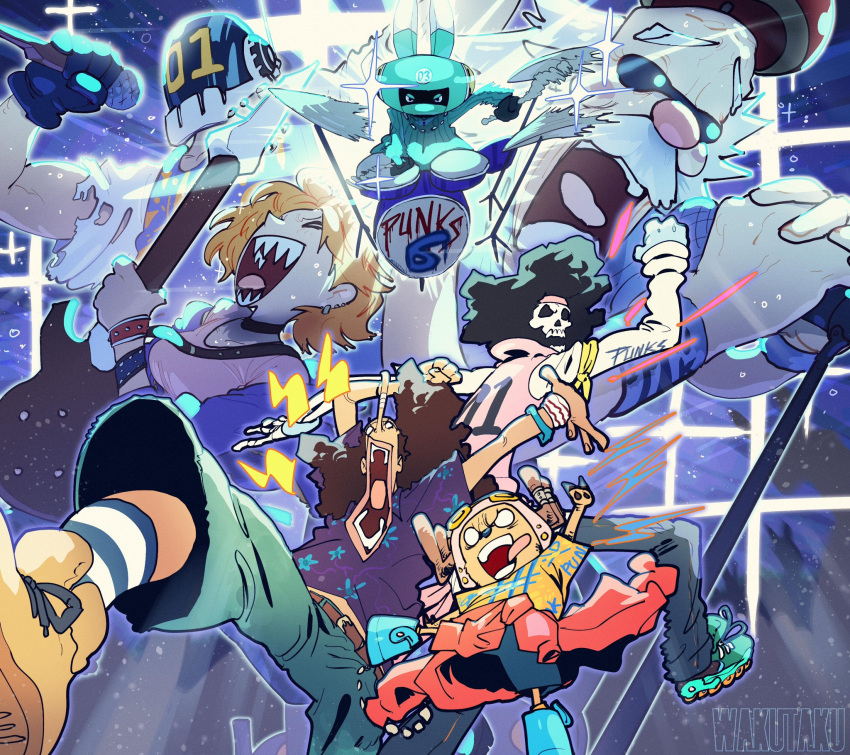 1girl, 6+boys, afro, artist_name, black_hair, blonde_hair, brook_(one_piece), clothes_around_waist