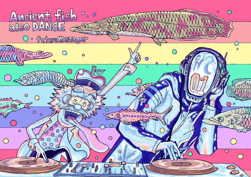 2boys, black_gloves, black_jacket, dj, dr._vegapunk, english_text, fish, gloves