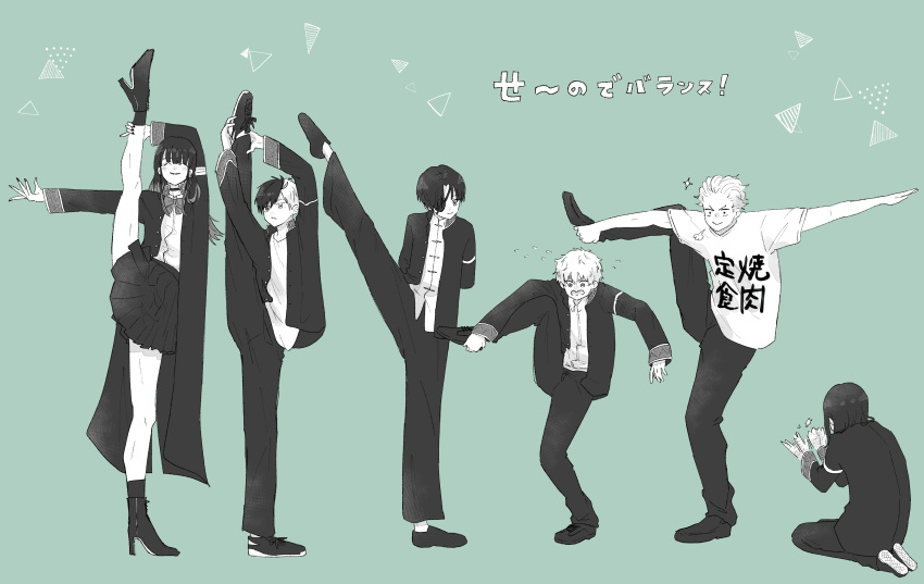 1girl, 5boys, absurdres, bow, bowtie, chinese_clothes, clapping, eyepatch
