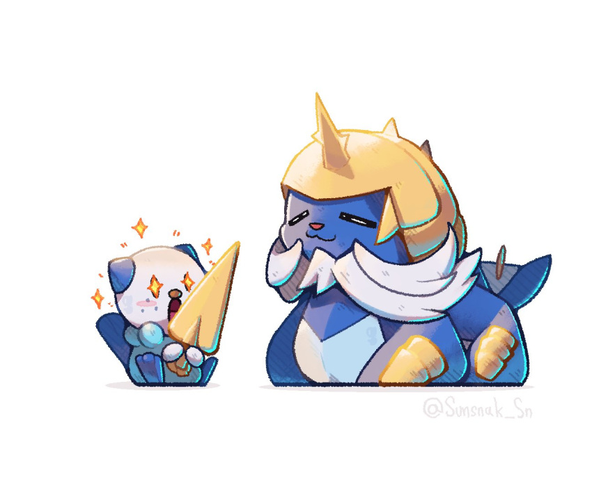 artist_name, blue_fur, chibi, closed_eyes, closed_mouth, freckles, holding, lying, no_humans, open_mouth, oshawott, pokemon, pokemon_(creature), samurott, simple_background, sitting, smile, sparkle, sparkling_eyes, spikes, sunsnak_sn, twitter_username, two-tone_fur, weapon, white_background, white_fur