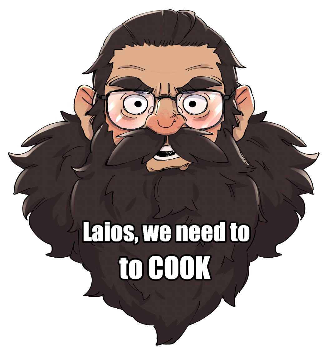 1boy, beard, bespectacled, cropped_head, dungeon_meshi, dwarf, english_text, facial_hair, fluffy, glasses, image_macro_(meme), long_beard, looking_at_viewer, male_focus, mature_eyes, meme, mustache, rikodamu1, senshi_(dungeon_meshi), solo, straight-on, thick_mustache, very_long_beard, white_background, wide-eyed