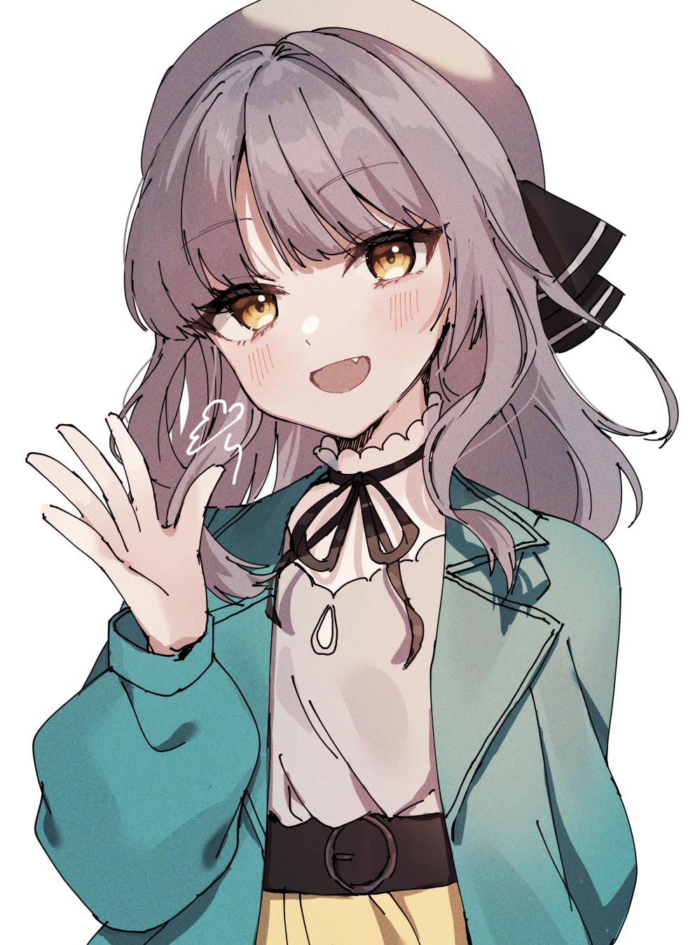 1girl, aqua_jacket, beanie, belt, black_belt, black_ribbon, blush, commentary_request, cue!, fang, grey_beanie, grey_hair, hand_up, hat, head_tilt, high-waist_skirt, highres, jacket, kaminari_kinenbi, kujo_yuzuha, lapels, long_sleeves, looking_at_viewer, medium_hair, neck_ribbon, notched_lapels, open_clothes, open_jacket, open_mouth, orange_eyes, puffy_long_sleeves, puffy_sleeves, ribbon, sidelocks, simple_background, skirt, smile, solo, upper_body, waving, white_background, yellow_skirt