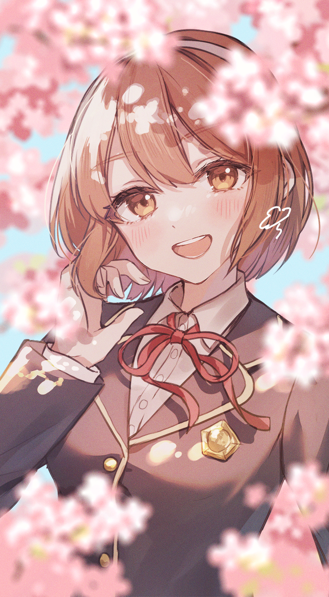 1girl, :d, black_jacket, blue_sky, blush, breasts, brown_eyes, brown_hair