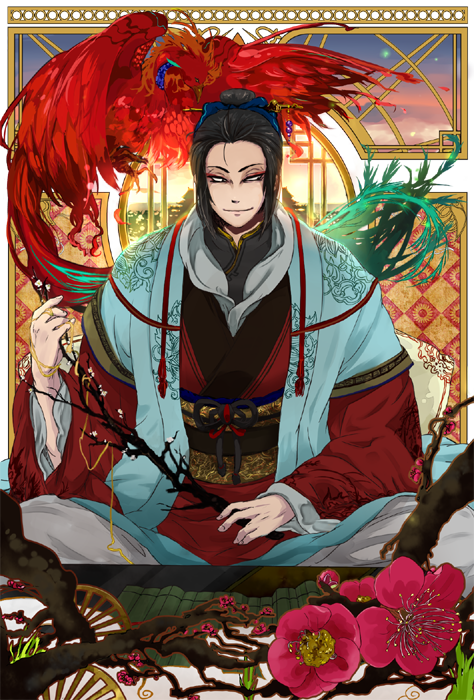 bamboo_scroll, bird, black_hair, branch, chinese_clothes, flower, hair_bun, hanfu, light_smile, lowres, male, original, phoenix, scroll, sitting, smile, solo, taikakiden, takasin3, white_eyes, window