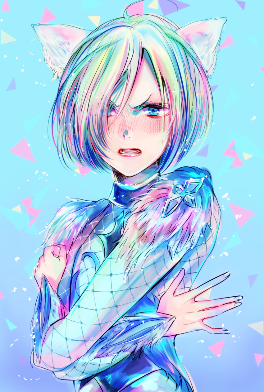 1boy, ahoge, animal_ears, blue_background, blue_eyes, blush, cat_ears, clenched_hand