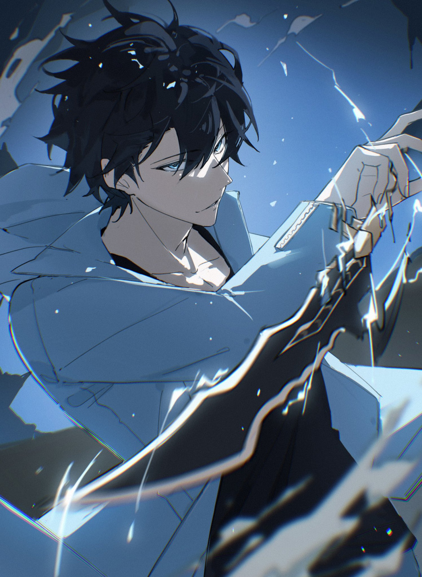 1boy, black_hair, black_shirt, blue_eyes, blue_hoodie, dagger, highres, hood