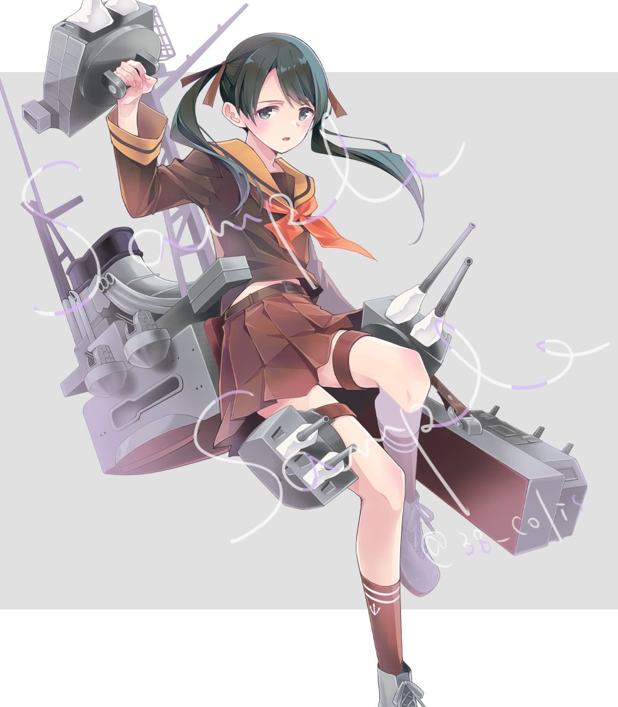 1girl, brown_serafuku, brown_socks, colis, full_body, grey_footwear, kantai_collection, mikuma_(kancolle), mikuma_kai_ni_(kancolle), miniskirt, neckerchief, orange_neckerchief, orange_sailor_collar, pleated_skirt, sailor_collar, sample_watermark, school_uniform, serafuku, simple_background, skirt, socks, solo, turret, twintails, watermark
