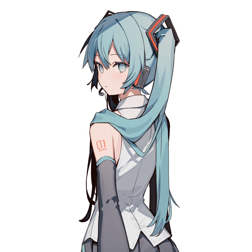 1girl, absurdres, aqua_eyes, aqua_hair, aqua_trim, arm_tattoo, arms_at_sides, blush