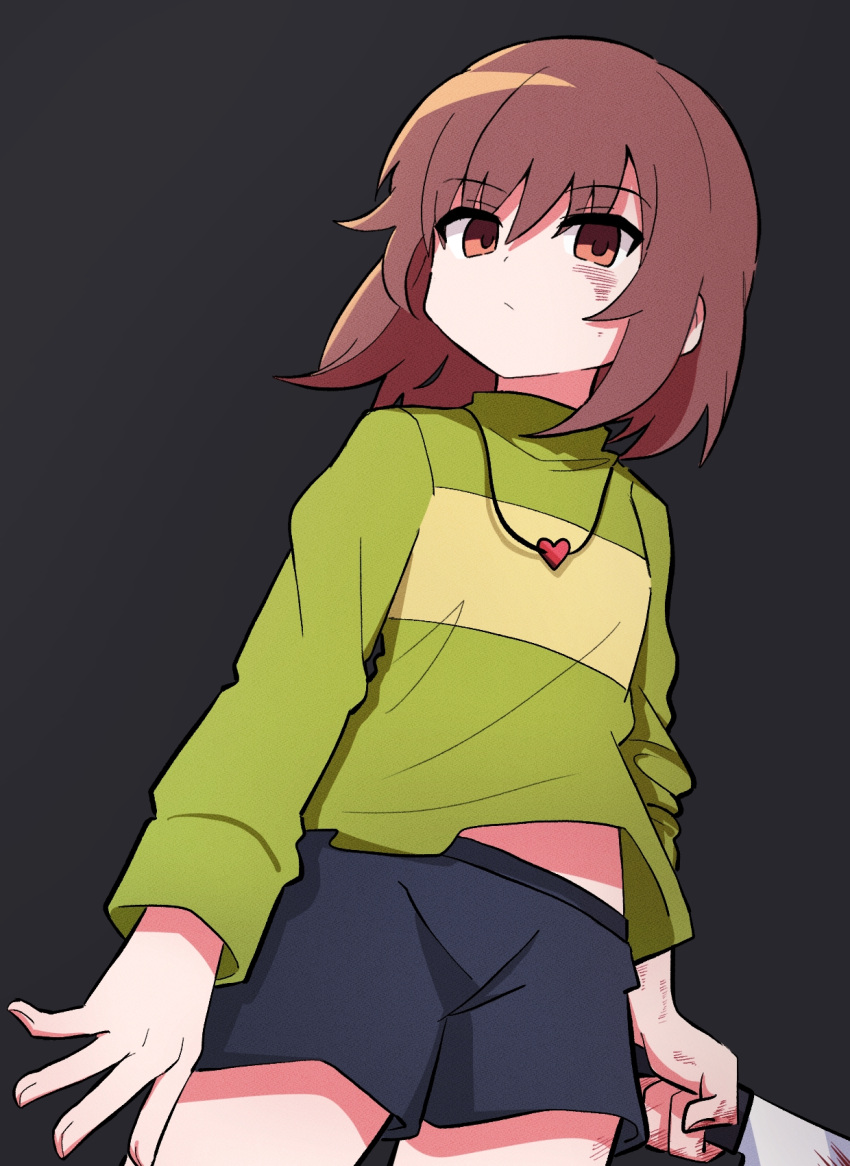 1other, arms_at_sides, black_background, blood, blood_on_knife, blue_shorts, brown_hair, chara_(undertale)