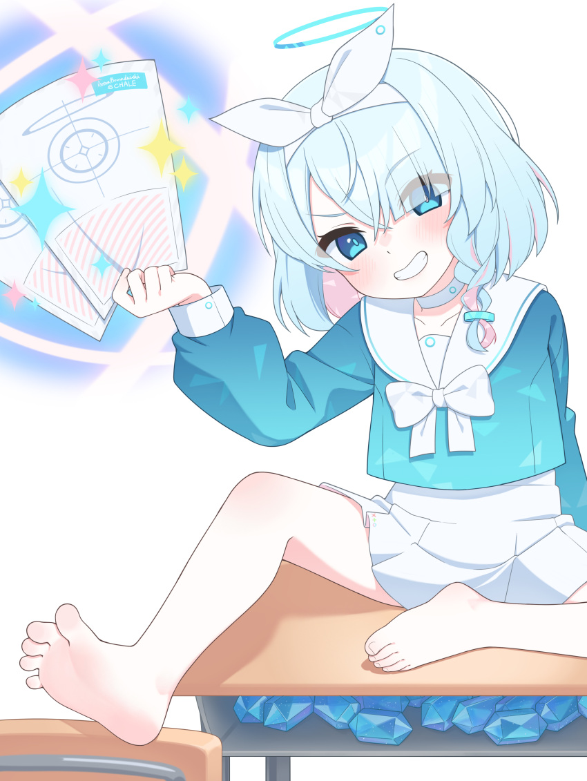 1girl, absurdres, arona_(blue_archive), barefoot, blue_archive, blue_eyes, blue_gemstone, blue_hair