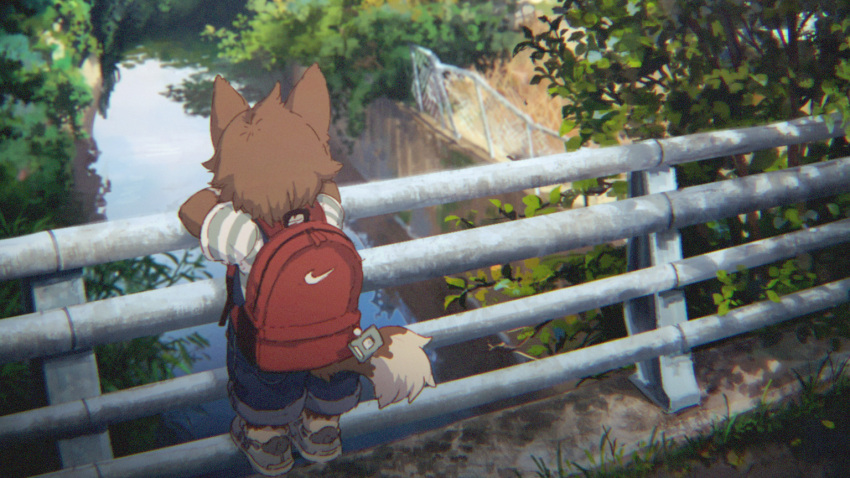 1boy, animal_ears, backpack, bag, bridge, brown_hair, canal, chain-link_fence