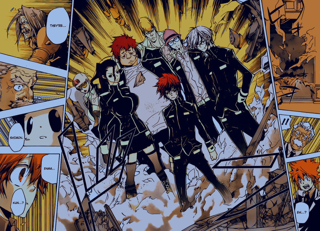 aoba_koyo, black_hair, blonde_hair, glasses, hat, katekyo_hitman_reborn, katou_julie, kozato_enma, mafia, manga, mizuno_kaoru, ooyama_rauji, red_eyes, redhead, sawada_tsunayoshi, school_uniform, shimon_family, shitt_p, suzuki_adelheid, timoteo_(vongola_nono)