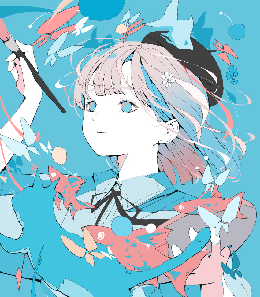1girl, absurdres, beret, blonde_hair, blue_background, blue_eyes, blue_theme, bug