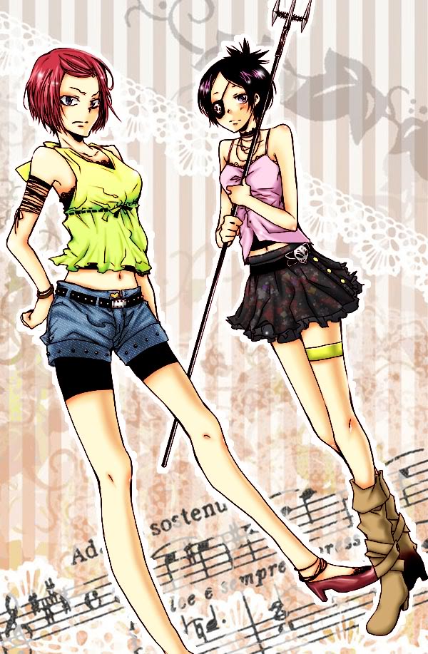2girls, angry, boots, choker, chrome_dokuro, eyepatch, heels, katekyo_hitman_reborn, mm_(reborn), multiple_girls, purple_hair, redhead, short_hair, shorts, skirt, weapon
