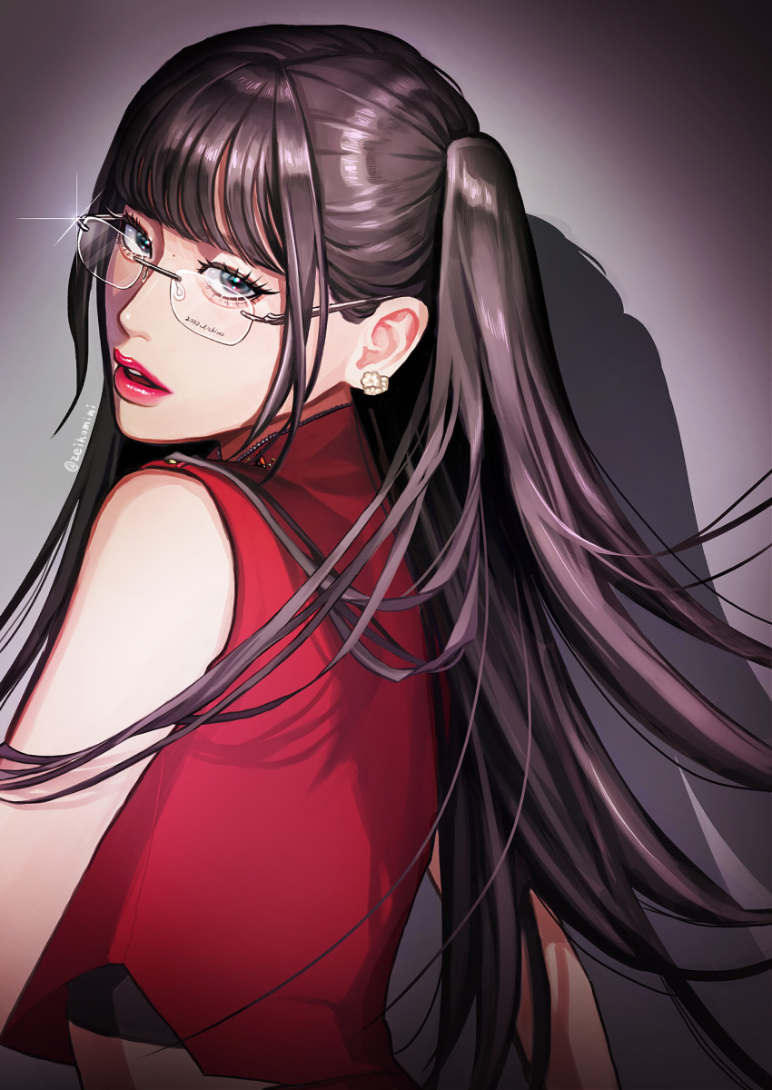 1girl, black_eyes, black_hair, earrings, from_side, glint, head_tilt, highres, jewelry, long_hair, looking_at_viewer, me:i, open_mouth, real_life, red_lips, red_shirt, shadow, shirt, sleeveless, sleeveless_shirt, solo, takami_ayane, twitter_username, two_side_up, upper_body, very_long_hair, zeikomimi