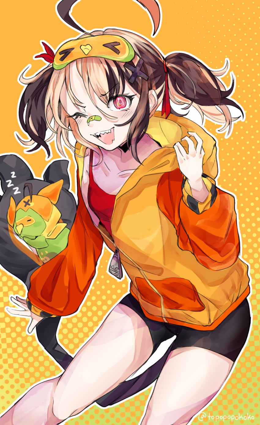1girl, ahoge, alternate_costume, bandaid, bandaid_on_face, bandaid_on_nose, bike_shorts, black_shorts, blush, brown_hair, gigi_murin, highres, hololive, hololive_english, hood, hoodie, looking_at_viewer, multicolored_hair, one_eye_closed, orange_hoodie, popo_(gigi_murin), red_shirt, sharp_teeth, shirt, short_hair, shorts, simple_background, smile, teeth, topopopokoko, two-tone_hair, two_side_up, virtual_youtuber