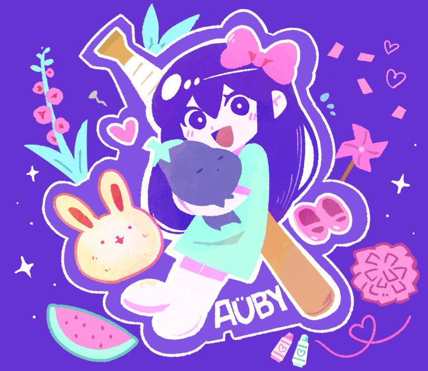 1girl, aubrey_(headspace)_(omori), aubrey_(omori), barefoot, baseball_bat, blue_shirt, blush, bow