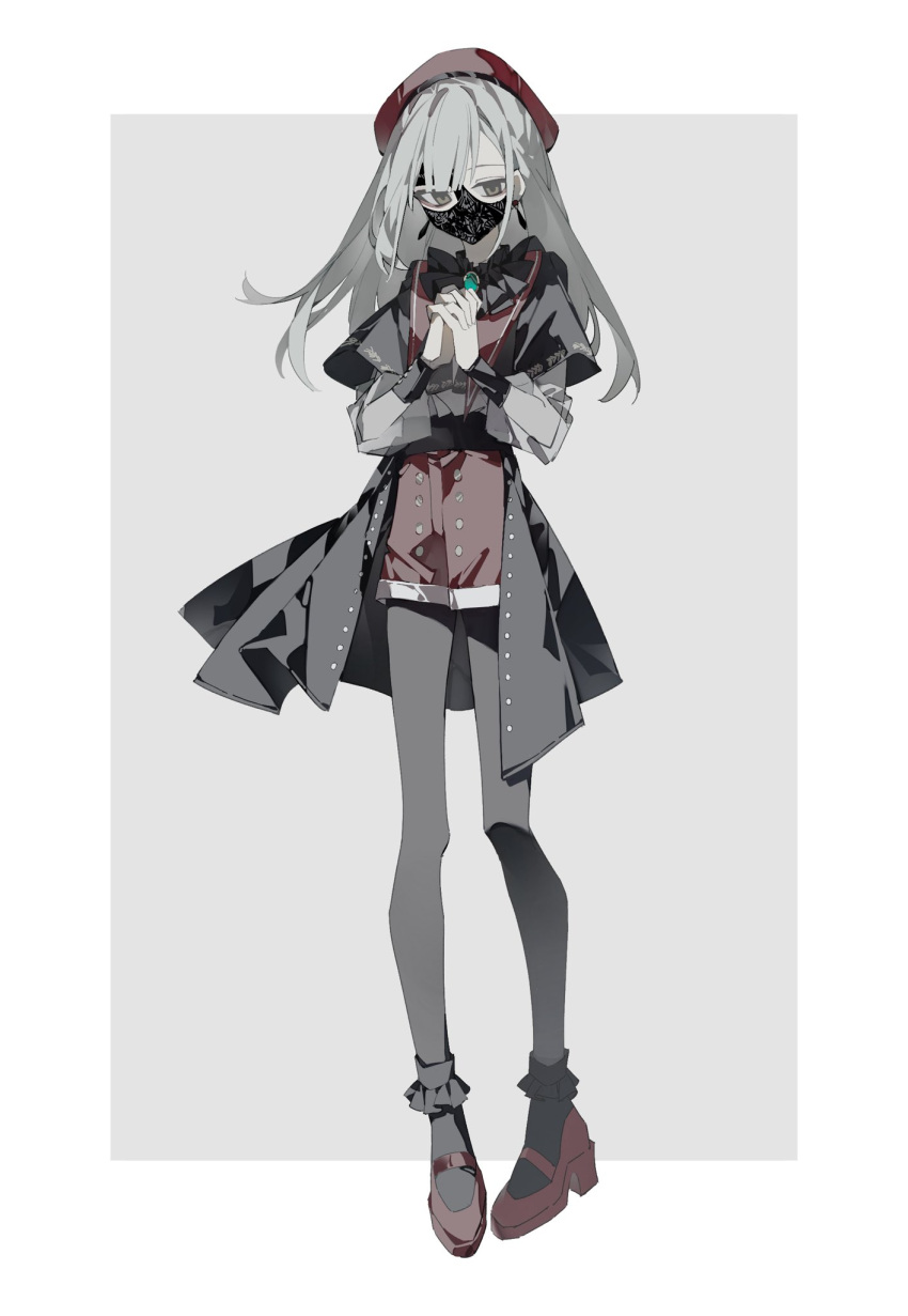 1girl, bang_dream!, bang_dream!_it's_mygo!!!!!, black_mask, black_pantyhose, black_shirt, black_skirt, black_socks, border, commentary, earrings, full_body, green_brooch, green_hair, grey_background, highres, jewelry, long_hair, long_sleeves, looking_at_viewer, mask, mouth_mask, outside_border, own_hands_clasped, own_hands_together, pantyhose, pantyhose_under_shorts, red_beret, red_footwear, red_shorts, see-through, see-through_sleeves, shirt, shorts, showgirl_skirt, sidelocks, simple_background, skirt, socks, solo, symbol-only_commentary, wakaba_mutsumi, white_border, yellow_eyes, yiyu28636899