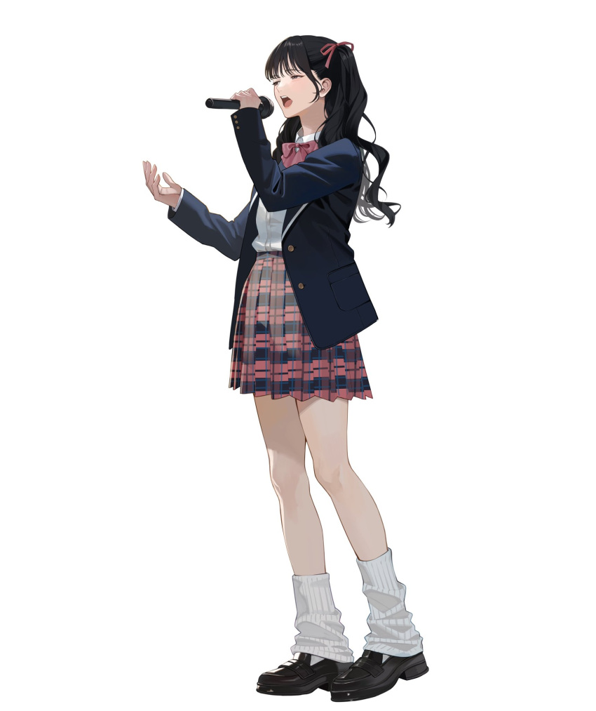 1girl, black_footwear, black_hair, blazer, blue_jacket, blush, bow, brown_eyes