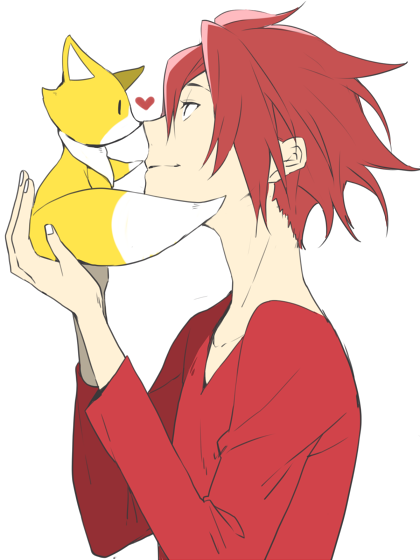 fox, heart, holding, male, prez_(star_driver), red_hair, red_shirt, redhead, short_hair, smile, star_driver, tsunashi_takuto, yuzumame