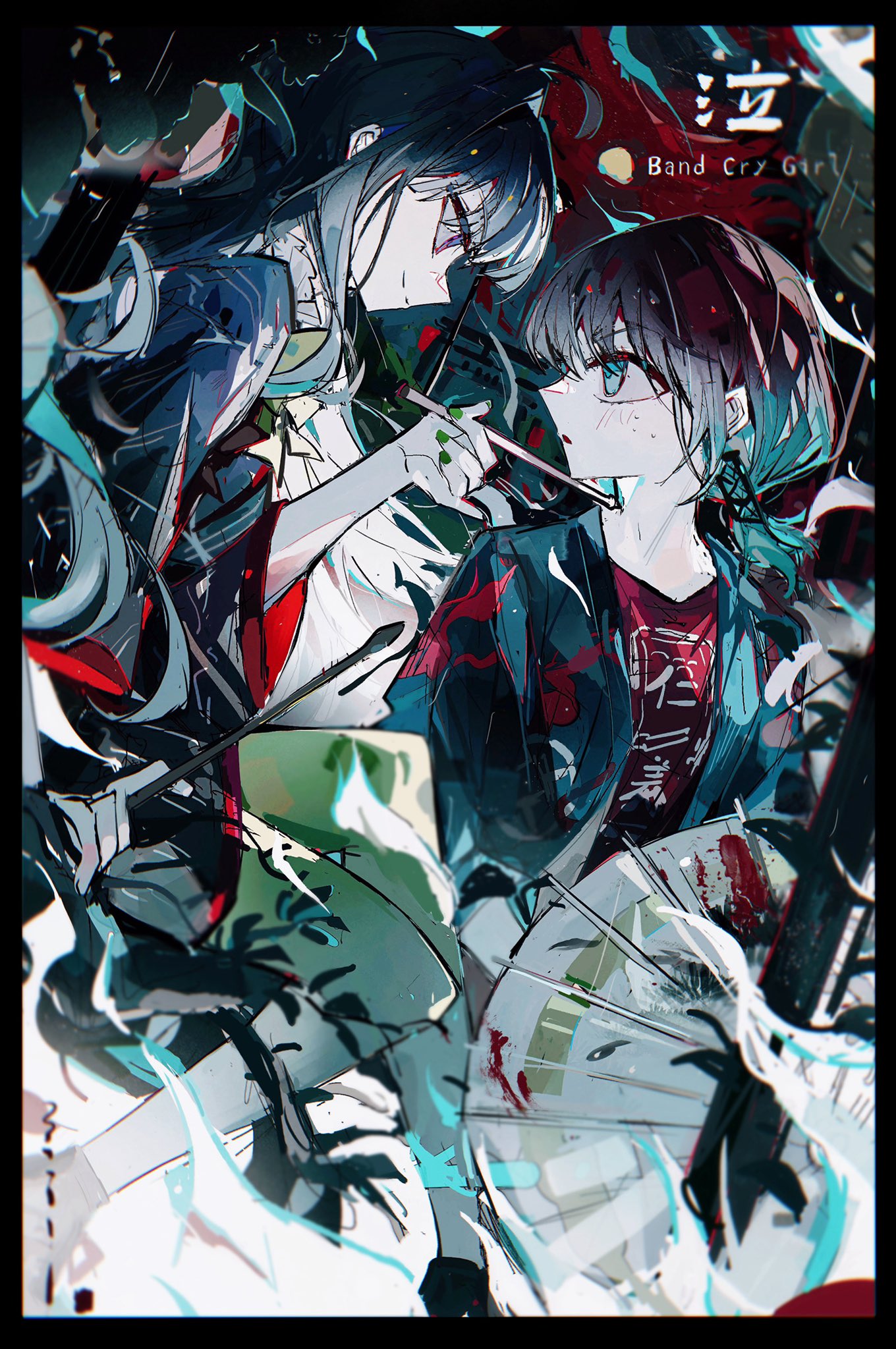 ahoge, awa_subaru, black_border, black_hair, black_kimono, blue_eyes, blue_hair, blue_happi
