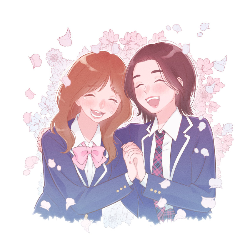 2girls, ^_^, animification, blazer, blue_jacket, bow, closed_eyes, collared_shirt, crying, flower, highres, holding_hands, jacket, kasahara_momona, kato_cocoro, mogggggge, multiple_girls, necktie, petals, pink_bow, pink_flower, plaid_clothes, plaid_necktie, produce_101, produce_101_japan:_the_girls, produce_101_uniform, real_life, red_necktie, shirt, smile, sunflower, upper_body, white_shirt