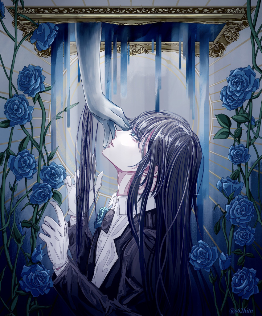 1girl, 1other, absurdres, ado_(utaite), black_bow, black_bowtie, black_coat, black_hair, blue_eyes, blue_flower, blue_rose, bow, bowtie, chando_(ado), coat, commentary, flower, gloves, highres, long_sleeves, looking_up, mei_(s62hitn), open_mouth, picture_frame, rose, shirt, symbol-only_commentary, upper_body, utaite, white_gloves, white_shirt