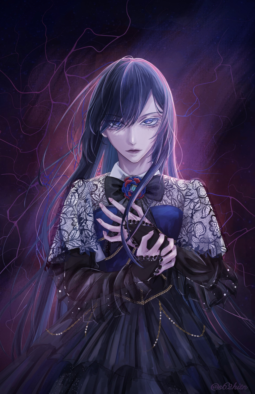 1girl, absurdres, ado_(utaite), black_bow, black_bowtie, black_dress, blue_eyes, blue_flower, blue_hair, blue_rose, bow, bowtie, chando_(ado), closed_mouth, clutching_chest, commentary, cowboy_shot, dress, flower, flower_brooch, highres, lace, long_hair, long_sleeves, mei_(s62hitn), mole, mole_under_eye, rose, shinzou_(ado), sidelocks, solo, twitter_username
