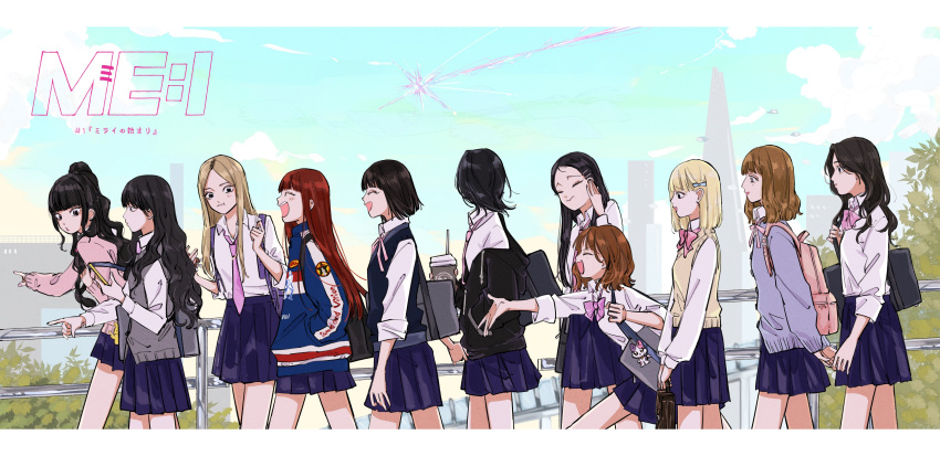 6+girls, ^_^, absurdres, animification, backpack, bag, black_eyes, black_hair