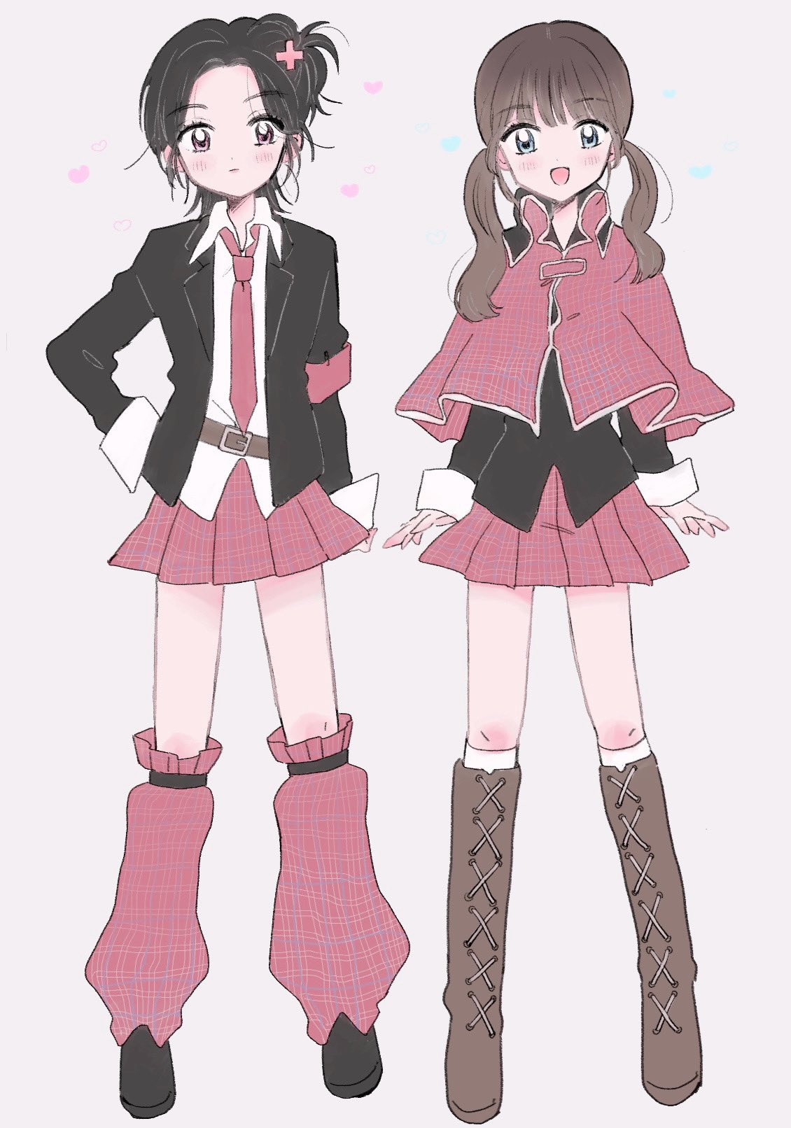 2girls, animification, belt, black_footwear, black_jacket, black_shirt, blue_eyes, boots, brown_belt, brown_footwear, capelet, collared_shirt, full_body, grey_background, hand_on_own_hip, heart, highres, itoshinooo, jacket, kasahara_momona, kato_cocoro, long_hair, looking_at_viewer, me:i, multiple_girls, pink_capelet, pink_skirt, real_life, shirt, short_hair, simple_background, skirt, twintails, white_shirt