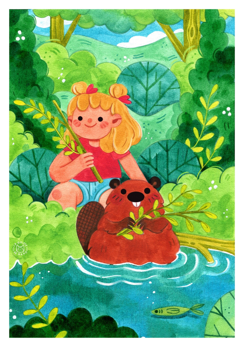 1girl, animal, beaver, blonde_hair, blue_shorts, blush, bush, closed_mouth