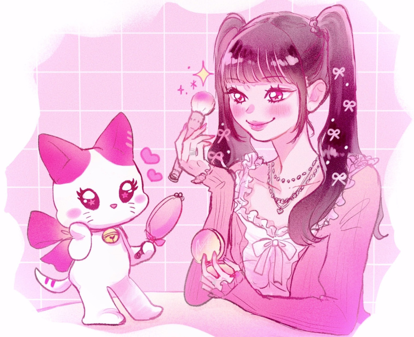 black_hair, breasts, camisole, cardigan, cat, collarbone, frilled_camisole, frills