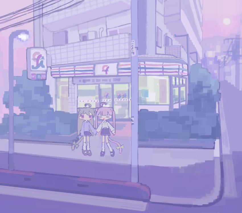>_<, 2girls, animal_ears, black_footwear, black_skirt, bow, brown_hair, building, bush, cat_ears, cat_girl, cat_tail, city, convenience_store, fpwrs, full_body, green_bow, highres, kneehighs, lamppost, long_hair, multiple_girls, original, outdoors, pink_sky, road, shirt, shoes, shop, skirt, sky, smile, socks, standing, street, sun, tail, white_shirt