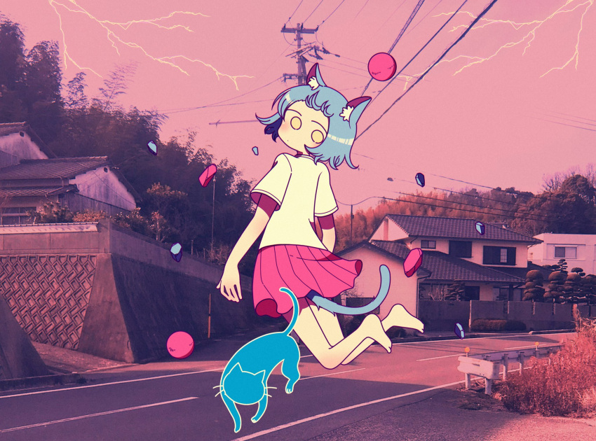 1girl, animal_ears, blue_hair, blue_tail, cat, cat_ears, cat_girl, debris, expressionless, feet_up, highres, jumping, ka_minashi, light_blue_hair, looking_at_viewer, looking_back, midair, original, photo_background, red_ball, red_skirt, shirt, short_hair, silhouette, skirt, white_shirt, yellow_eyes