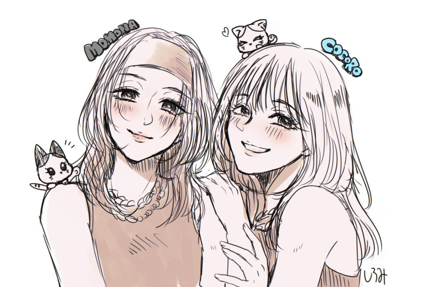 2girls, animification, blush, character_name, commentary, hand_on_another's_arm, head_tilt, headband