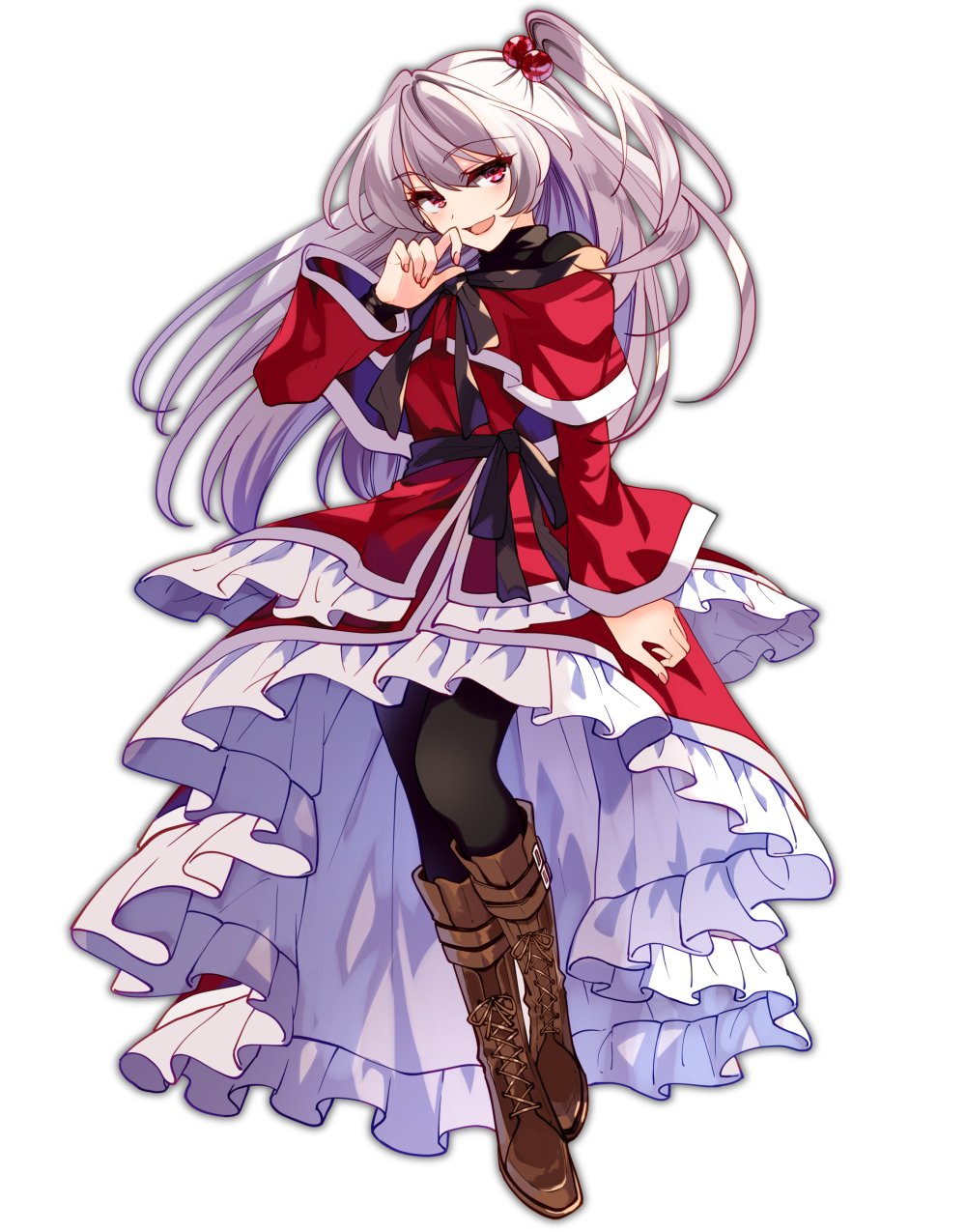 1girl, :d, black_pantyhose, black_ribbon, black_sash, boots, brown_footwear, capelet