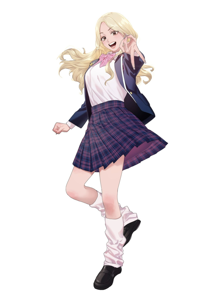 1girl, animification, black_footwear, blazer, blonde_hair, blue_jacket, bow, breasts, clenched_hand, fuguai-kun, gyaru_v, highres, jacket, long_hair, looking_at_viewer, medium_breasts, pink_bow, pink_socks, plaid_clothes, plaid_skirt, produce_101, produce_101_japan:_the_girls, produce_101_uniform, real_life, shirt, shoes, skirt, socks, solo, takabatake_momoka, tube_socks, v, white_shirt