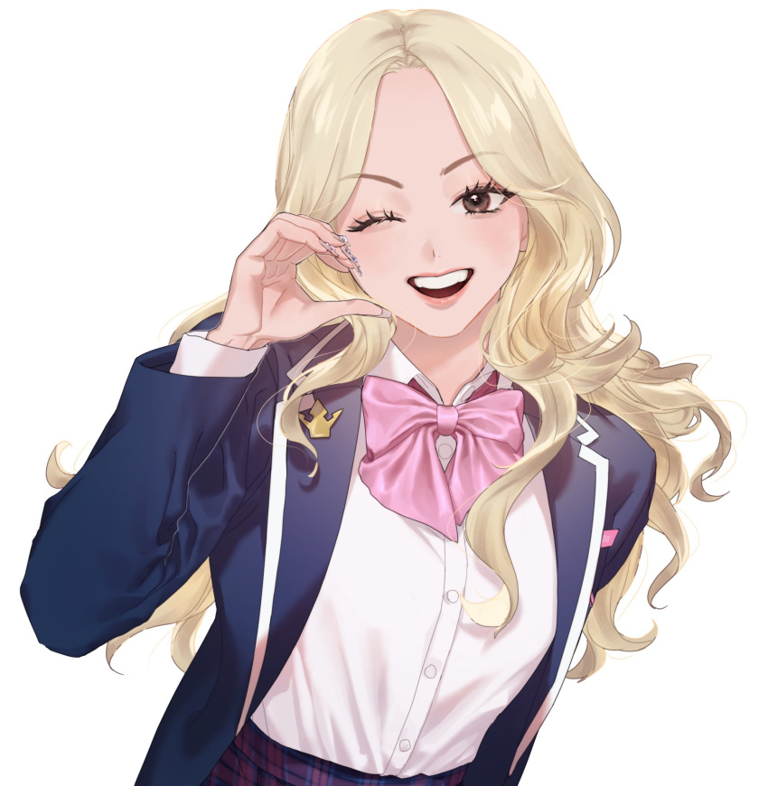 1girl, animification, blazer, blonde_hair, blue_jacket, bow, fuguai-kun, half-heart_hands