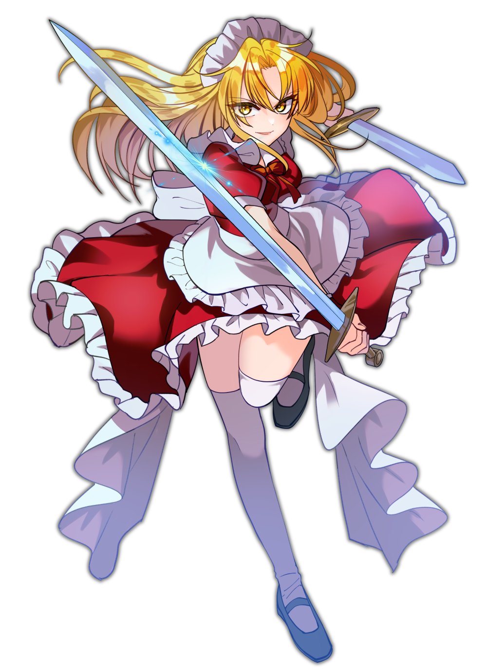 1girl, apron, back_bow, black_footwear, blonde_hair, bow, closed_mouth, commentary_request