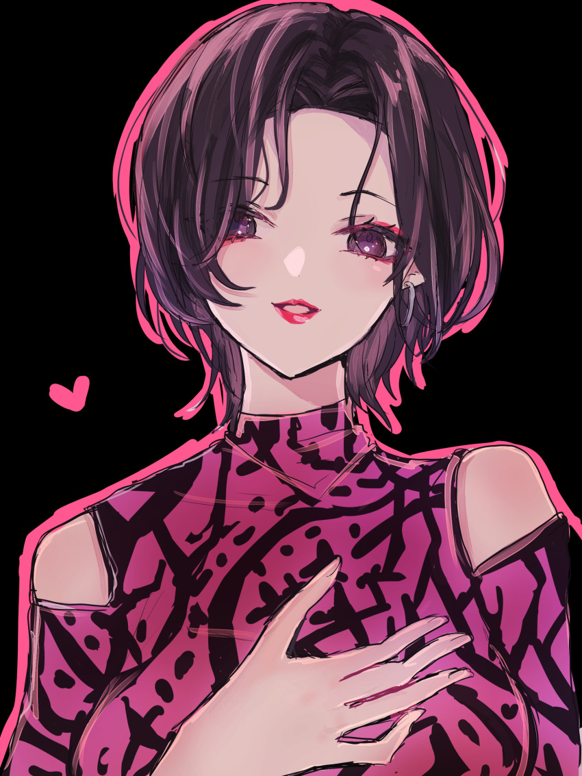1girl, absurdres, animification, black_background, black_hair, breasts, clothing_cutout, eyeshadow