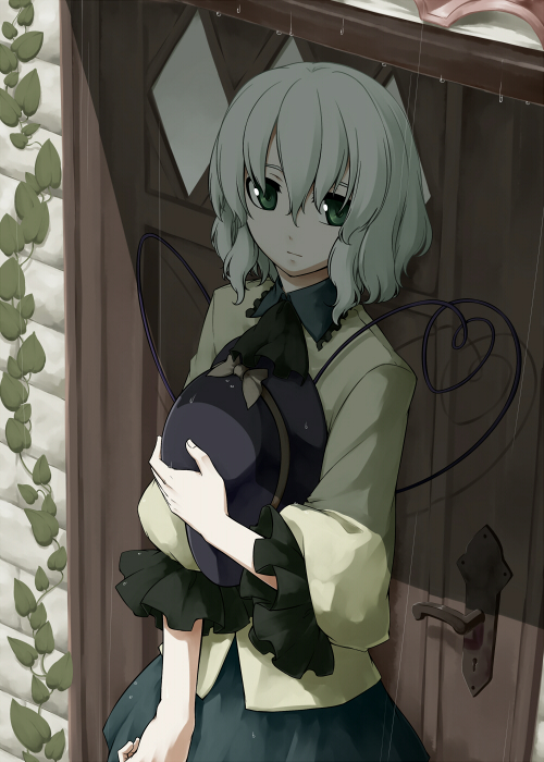 door, expressionless, frills, green_eyes, hat, hat_on_chest, hat_removed, hat_ribbon